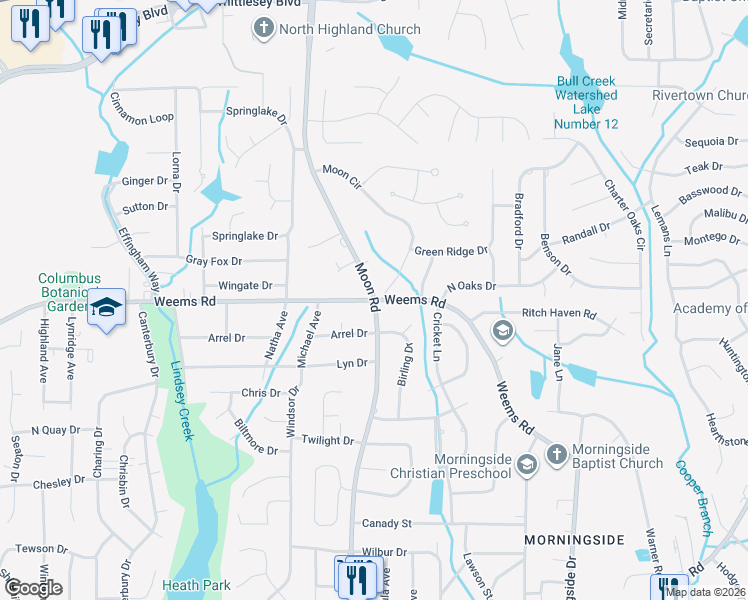 map of restaurants, bars, coffee shops, grocery stores, and more near Moon Rd & Weems Rd in Columbus