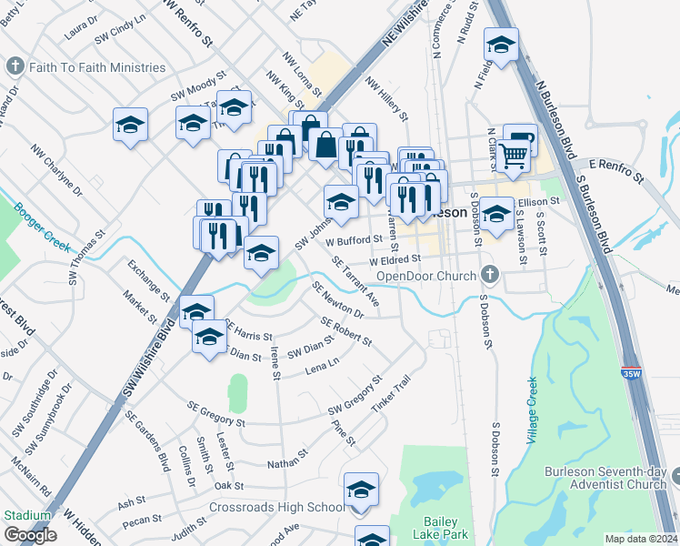 map of restaurants, bars, coffee shops, grocery stores, and more near 144 Southeast Tarrant Avenue in Burleson