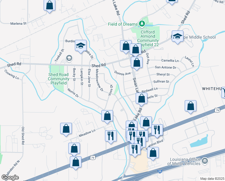 map of restaurants, bars, coffee shops, grocery stores, and more near 4602 Voss Drive in Bossier City