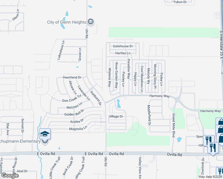 map of restaurants, bars, coffee shops, grocery stores, and more near 200 Orchard Place in Red Oak