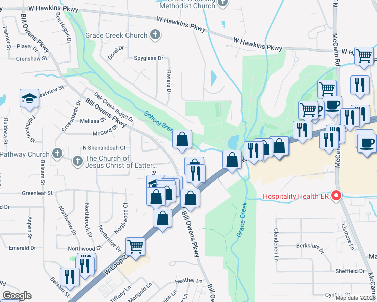 map of restaurants, bars, coffee shops, grocery stores, and more near 2023 Oak Forest Country Club Road in Longview