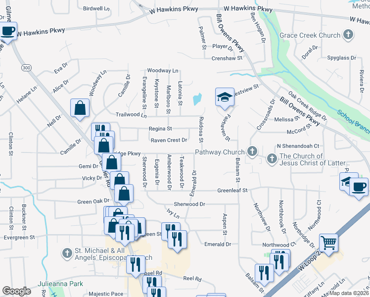 map of restaurants, bars, coffee shops, grocery stores, and more near 1205 Blueridge Parkway in Longview