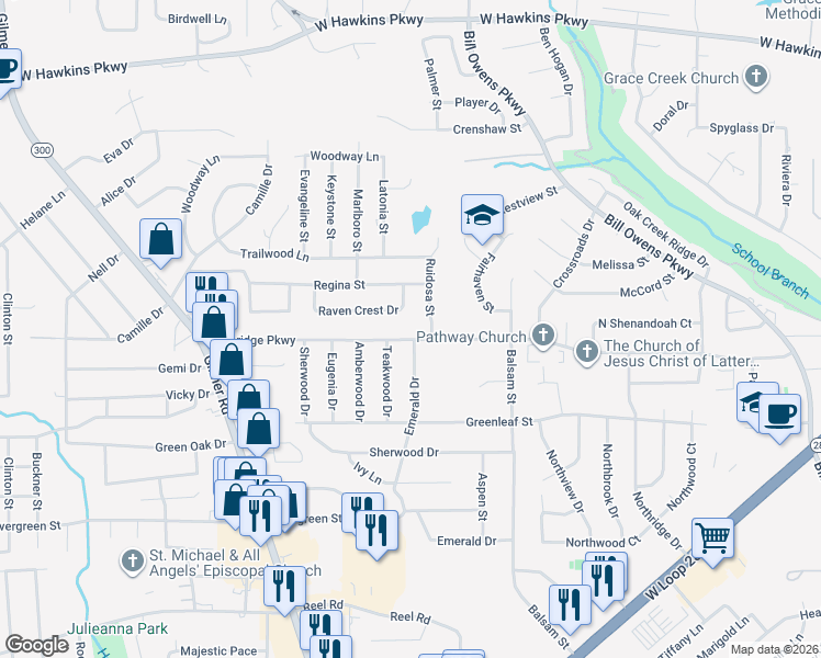 map of restaurants, bars, coffee shops, grocery stores, and more near 1205 Blueridge Parkway in Longview