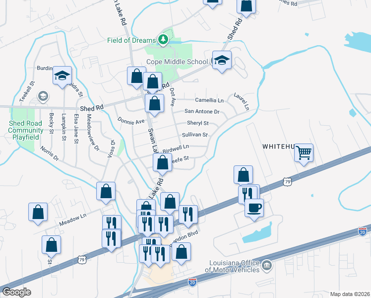 map of restaurants, bars, coffee shops, grocery stores, and more near 4802 Birdwell Lane in Bossier City