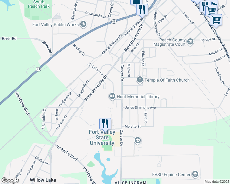 map of restaurants, bars, coffee shops, grocery stores, and more near 210 Rayfield Wright Street in Fort Valley