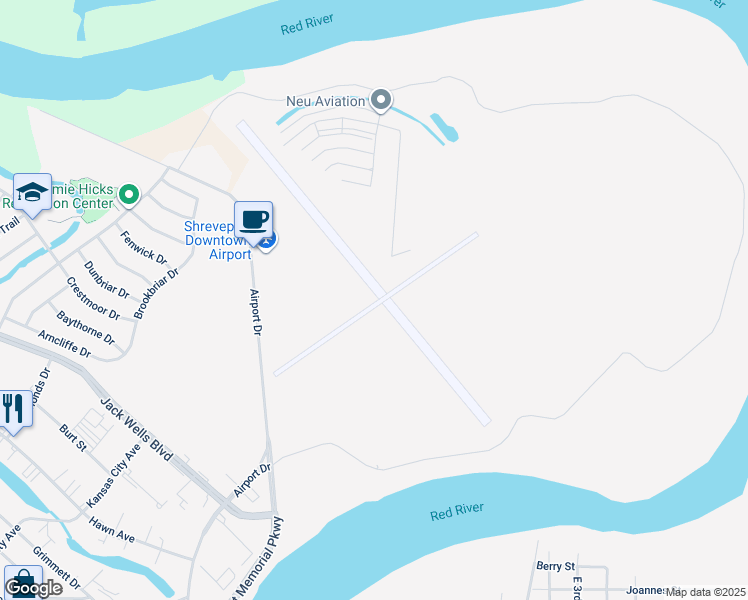 map of restaurants, bars, coffee shops, grocery stores, and more near 1520 Airport Drive in Shreveport