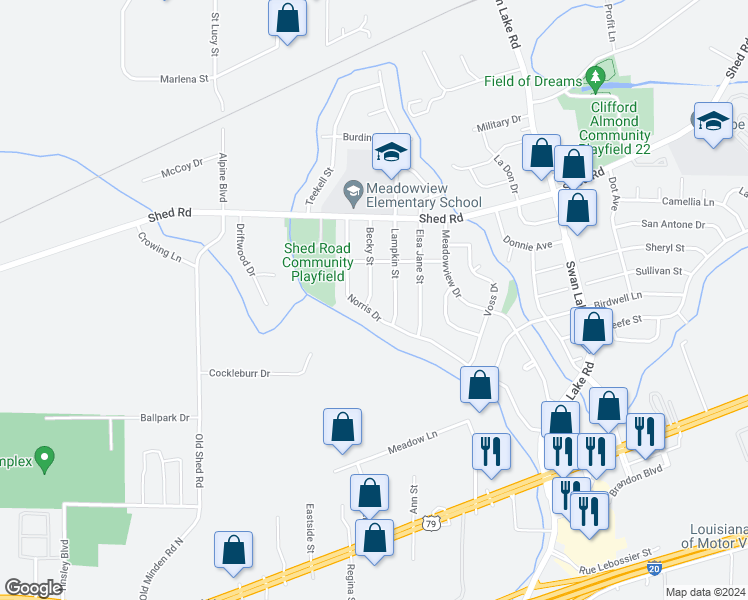 map of restaurants, bars, coffee shops, grocery stores, and more near 1202 Becky Street in Bossier City