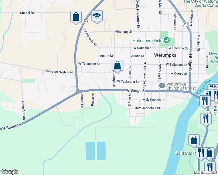 map of restaurants, bars, coffee shops, grocery stores, and more near 1004 West Bridge Street in Wetumpka
