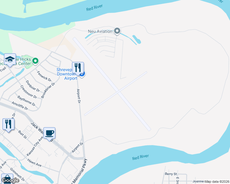 map of restaurants, bars, coffee shops, grocery stores, and more near 1520 Airport Drive in Shreveport