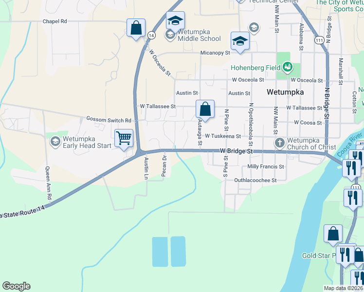 map of restaurants, bars, coffee shops, grocery stores, and more near 1004 West Bridge Street in Wetumpka