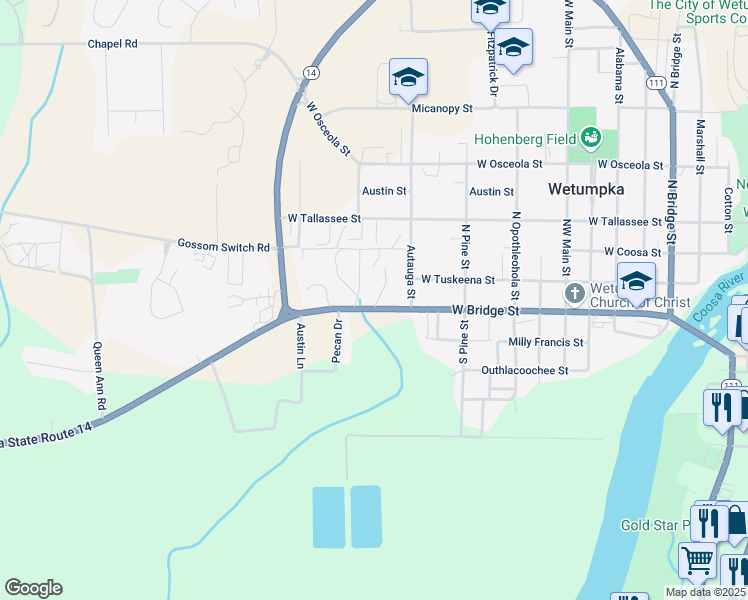 map of restaurants, bars, coffee shops, grocery stores, and more near 1004 West Bridge Street in Wetumpka