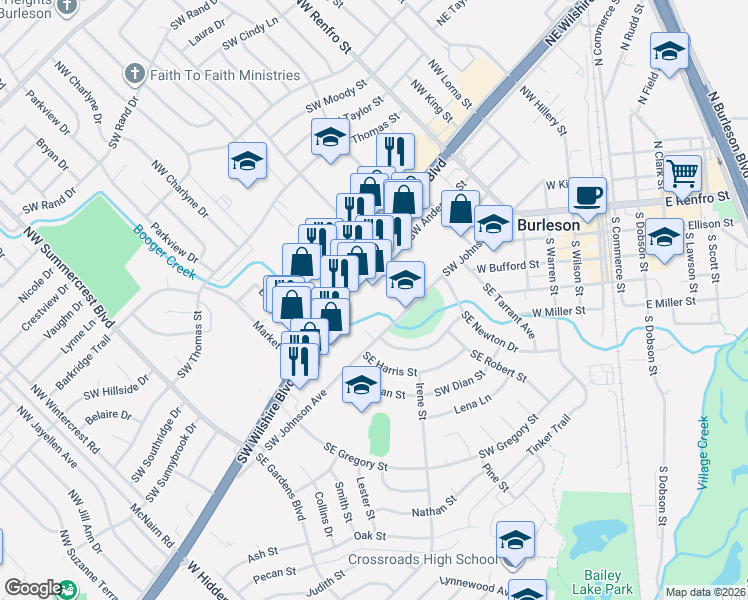 map of restaurants, bars, coffee shops, grocery stores, and more near 321 Northeast Wilshire Boulevard in Burleson