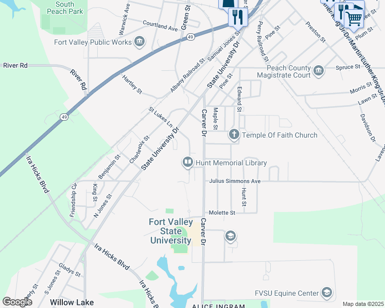 map of restaurants, bars, coffee shops, grocery stores, and more near 210 Rayfield Wright Street in Fort Valley