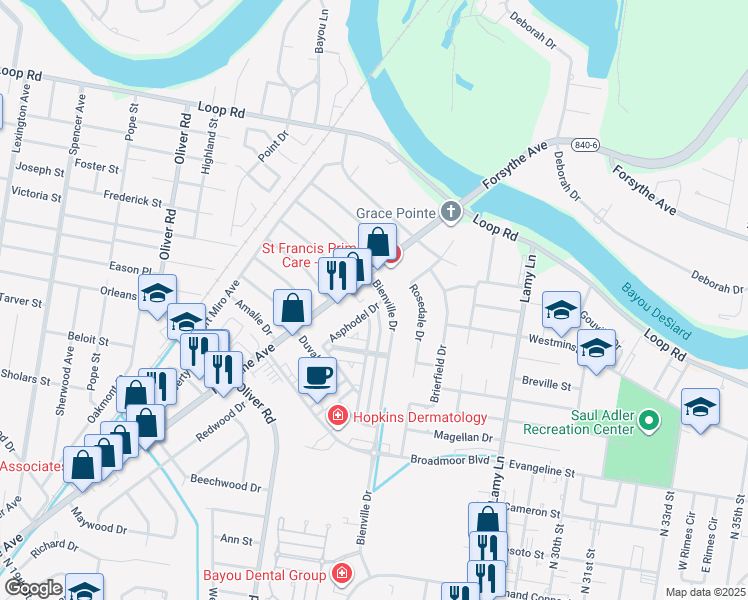 map of restaurants, bars, coffee shops, grocery stores, and more near 2121 Bienville Drive in Monroe