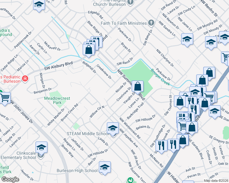 map of restaurants, bars, coffee shops, grocery stores, and more near 801 Nicole Drive in Burleson