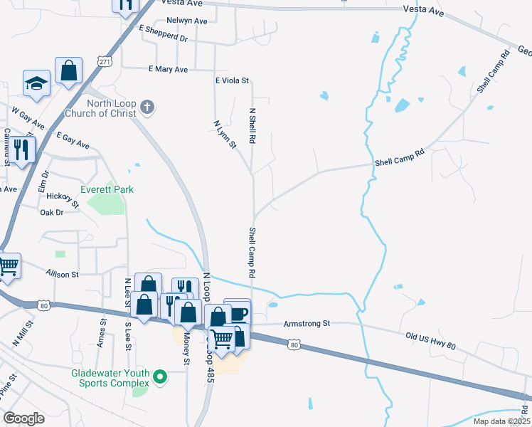map of restaurants, bars, coffee shops, grocery stores, and more near 1500 Shell Camp Road in Gladewater