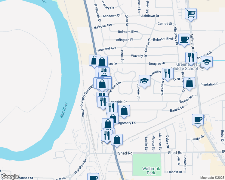 map of restaurants, bars, coffee shops, grocery stores, and more near 2310 Riverwood Drive in Bossier City