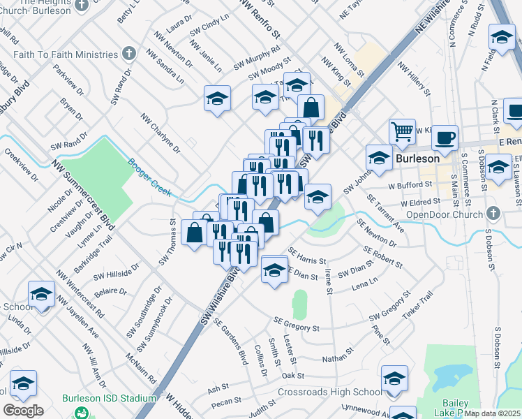 map of restaurants, bars, coffee shops, grocery stores, and more near 385 Texas 174 in Blum