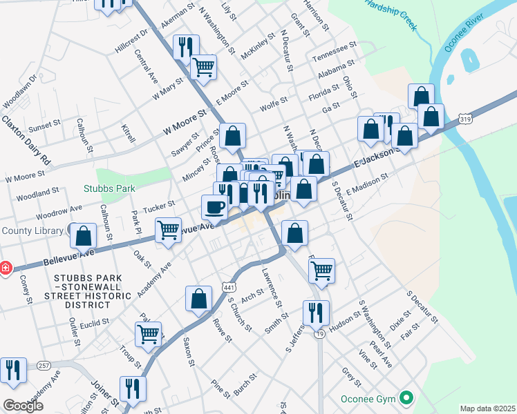 map of restaurants, bars, coffee shops, grocery stores, and more near 112 W Jackson St in Dublin