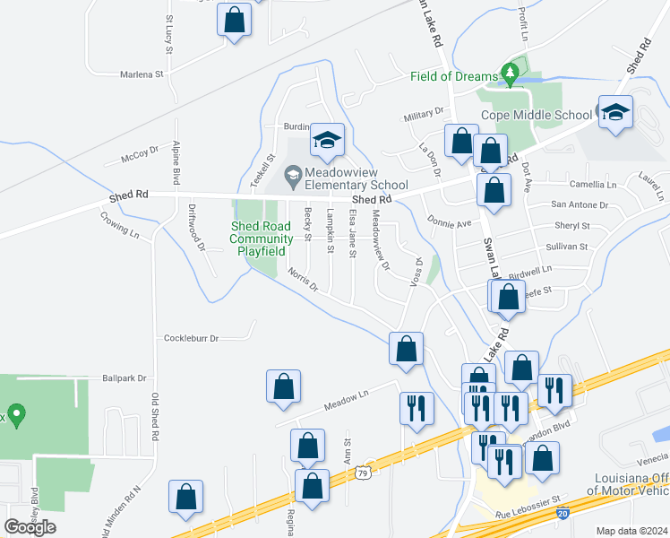 map of restaurants, bars, coffee shops, grocery stores, and more near 1212 Lampkin Street in Bossier City