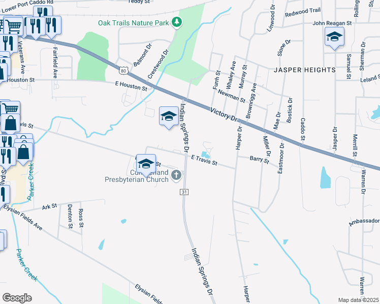 map of restaurants, bars, coffee shops, grocery stores, and more near 3003 East Travis Street in Marshall