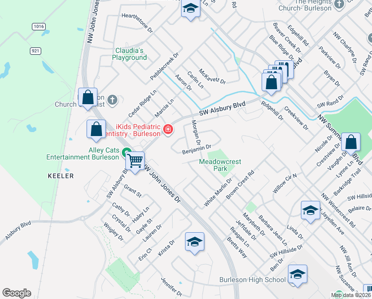 map of restaurants, bars, coffee shops, grocery stores, and more near 1013 Benjamin Drive in Burleson