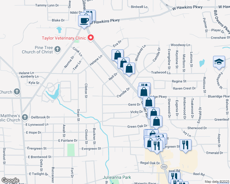 map of restaurants, bars, coffee shops, grocery stores, and more near 3006 Cook Lane in Longview