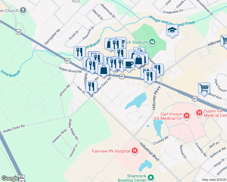 map of restaurants, bars, coffee shops, grocery stores, and more near 101 Walke Dairy Road in Dublin