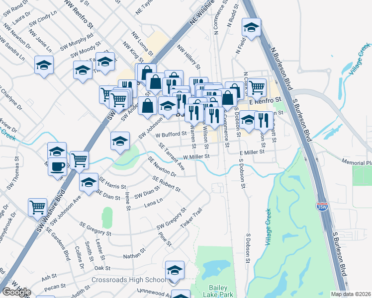 map of restaurants, bars, coffee shops, grocery stores, and more near 240 South Warren Street in Burleson