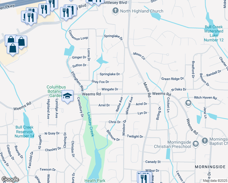 map of restaurants, bars, coffee shops, grocery stores, and more near 3676 Weems Road in Columbus
