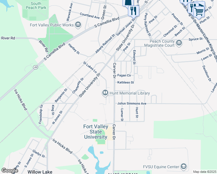 map of restaurants, bars, coffee shops, grocery stores, and more near 600 Carver Drive in Fort Valley