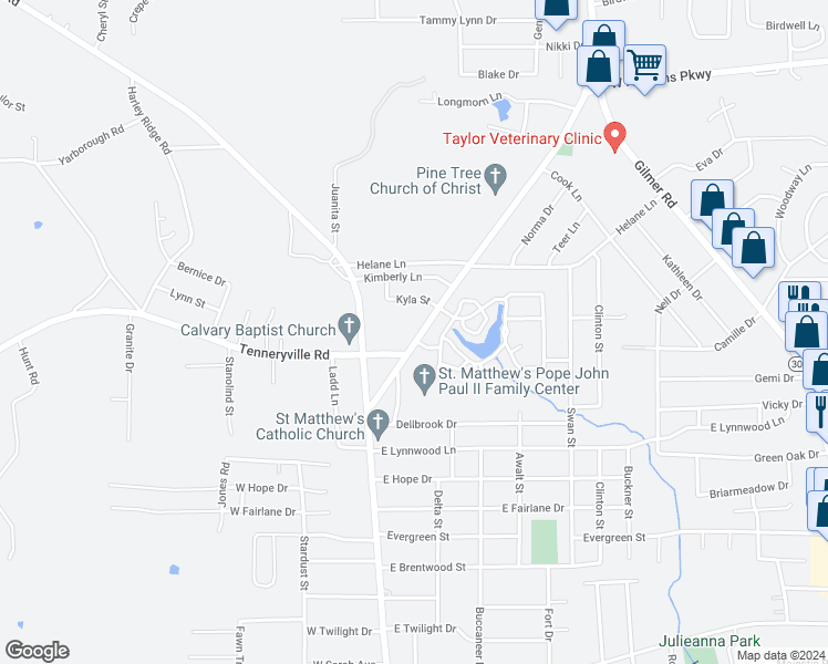 map of restaurants, bars, coffee shops, grocery stores, and more near 103 Sage Road in Longview