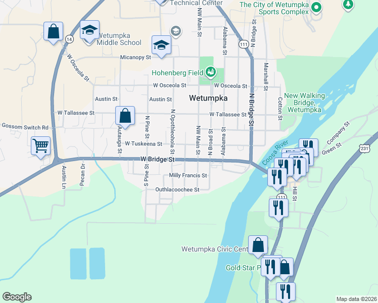 map of restaurants, bars, coffee shops, grocery stores, and more near 104 North Shelby Street in Wetumpka