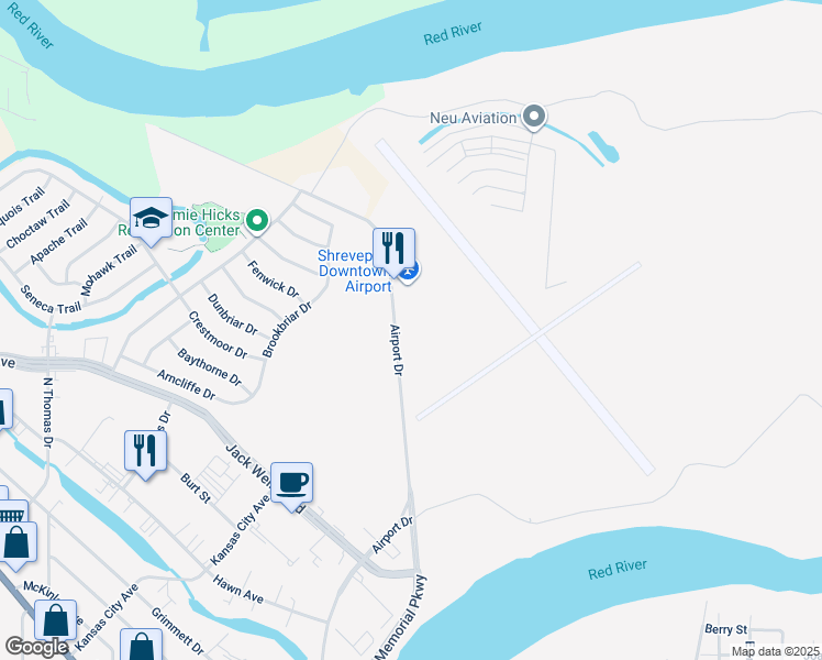 map of restaurants, bars, coffee shops, grocery stores, and more near 1520 Airport Drive in Shreveport
