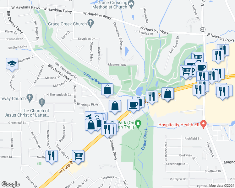 map of restaurants, bars, coffee shops, grocery stores, and more near 2018 Oak Forest Country Club Road in Longview