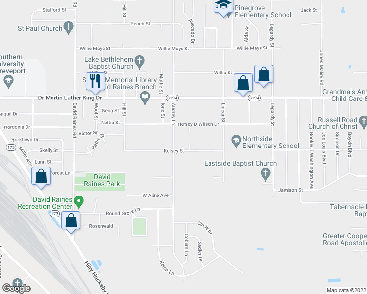 map of restaurants, bars, coffee shops, grocery stores, and more near 2788 Kelsey Street in Shreveport