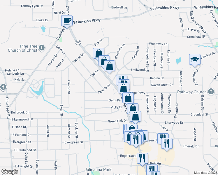 map of restaurants, bars, coffee shops, grocery stores, and more near 2905 Gilmer Road in Longview