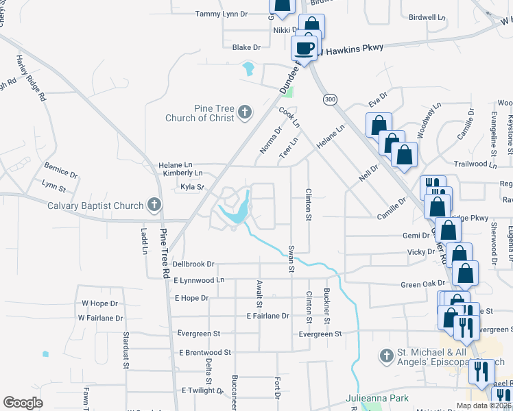 map of restaurants, bars, coffee shops, grocery stores, and more near 404 Lakewood Drive in Longview