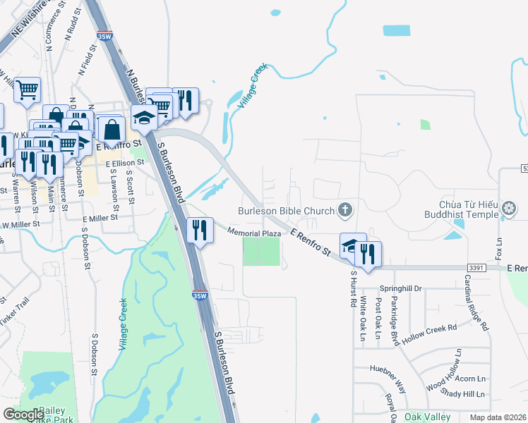 map of restaurants, bars, coffee shops, grocery stores, and more near 604 East Renfro Street in Burleson
