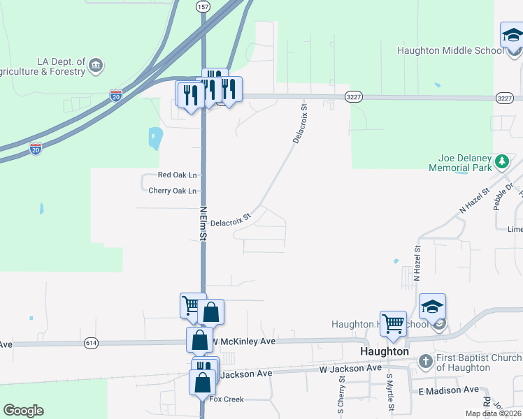 map of restaurants, bars, coffee shops, grocery stores, and more near 410 Louisiana 157 in Haughton
