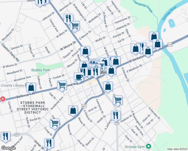 map of restaurants, bars, coffee shops, grocery stores, and more near 112 West Jackson Street in Dublin