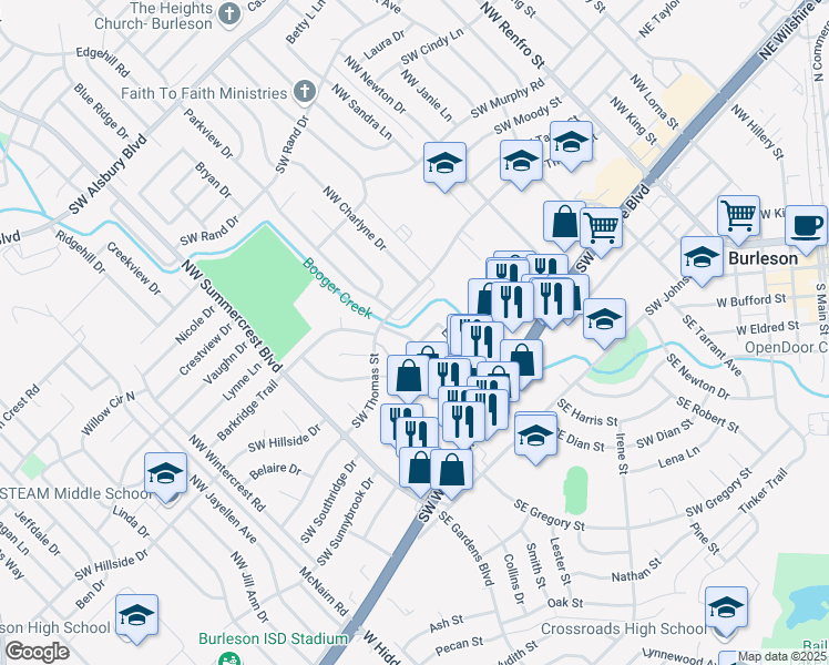 map of restaurants, bars, coffee shops, grocery stores, and more near 265 Market Street in Burleson