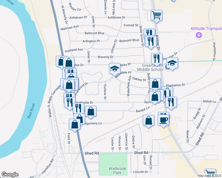 map of restaurants, bars, coffee shops, grocery stores, and more near 2410 Plantation Drive in Bossier City
