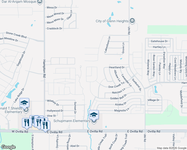 map of restaurants, bars, coffee shops, grocery stores, and more near 2506 Castle Ridge Drive in Glenn Heights