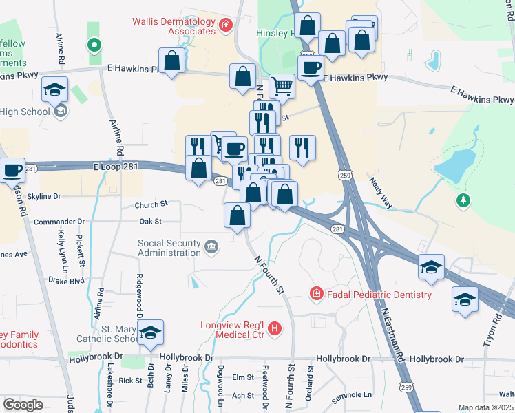 map of restaurants, bars, coffee shops, grocery stores, and more near 500 East Loop 281 in Longview