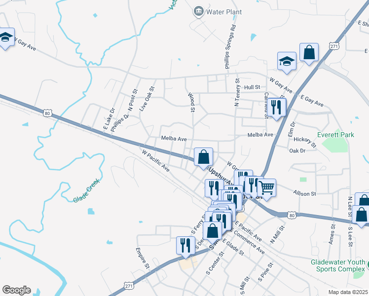map of restaurants, bars, coffee shops, grocery stores, and more near 305 Woodrow St in Gladewater