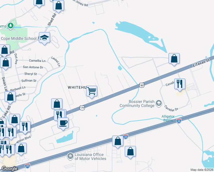 map of restaurants, bars, coffee shops, grocery stores, and more near 5705 East Texas Street in Bossier City