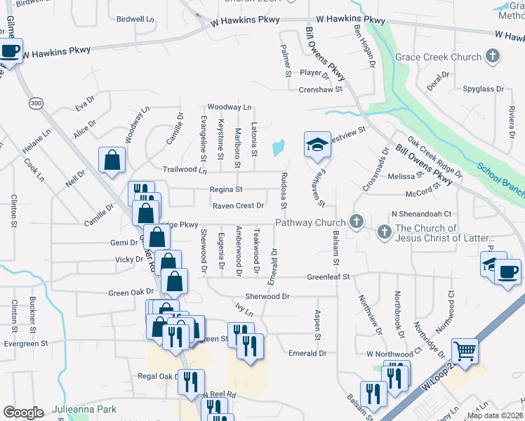 map of restaurants, bars, coffee shops, grocery stores, and more near 1205 Blueridge Parkway in Longview
