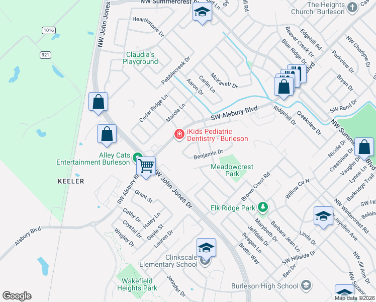 map of restaurants, bars, coffee shops, grocery stores, and more near 1013 Benjamin Drive in Burleson
