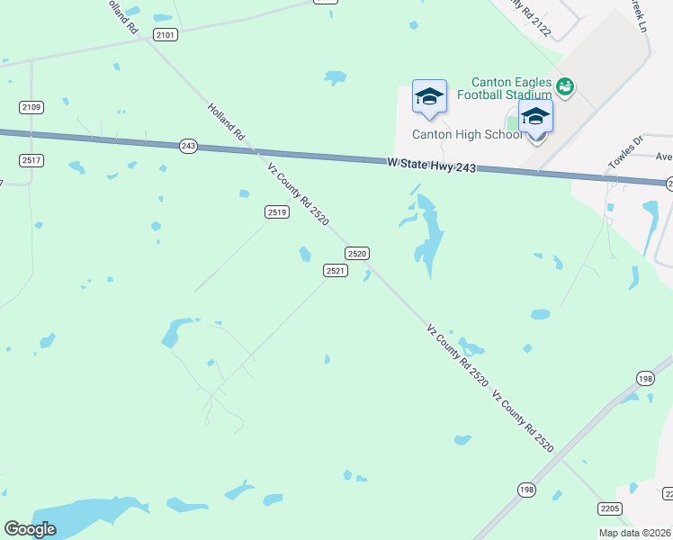 map of restaurants, bars, coffee shops, grocery stores, and more near County Road 2521 in Canton